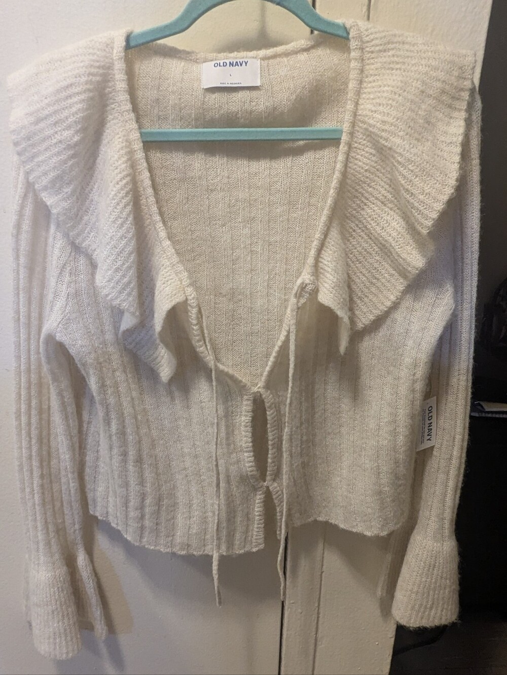 Old Navy Cream Ruffle-Front Tie Cardigan Sweater- large